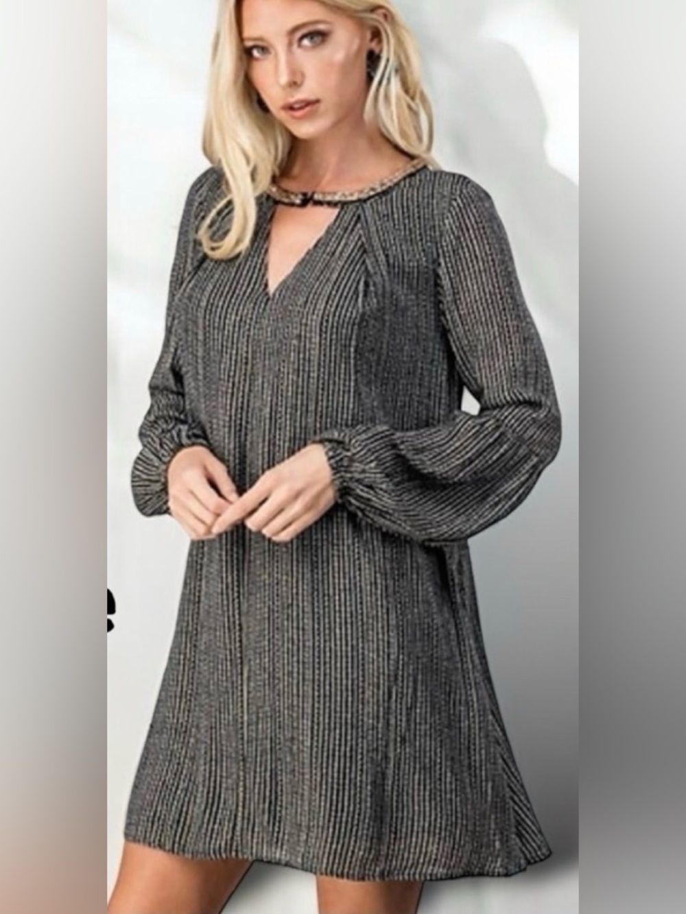 Altar'd State Black & Metallic Embellished Neck Long Sleeve Dress Size Large